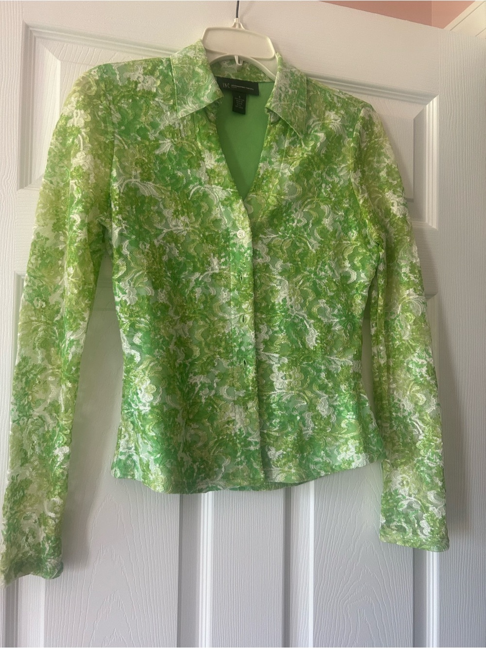 INC International Concepts Various Green Lace Patterned Button-Front Blouse